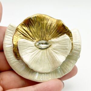 Vintage Artist Signed Original Abstract Gold Tone and White Floral Leaves Brooch